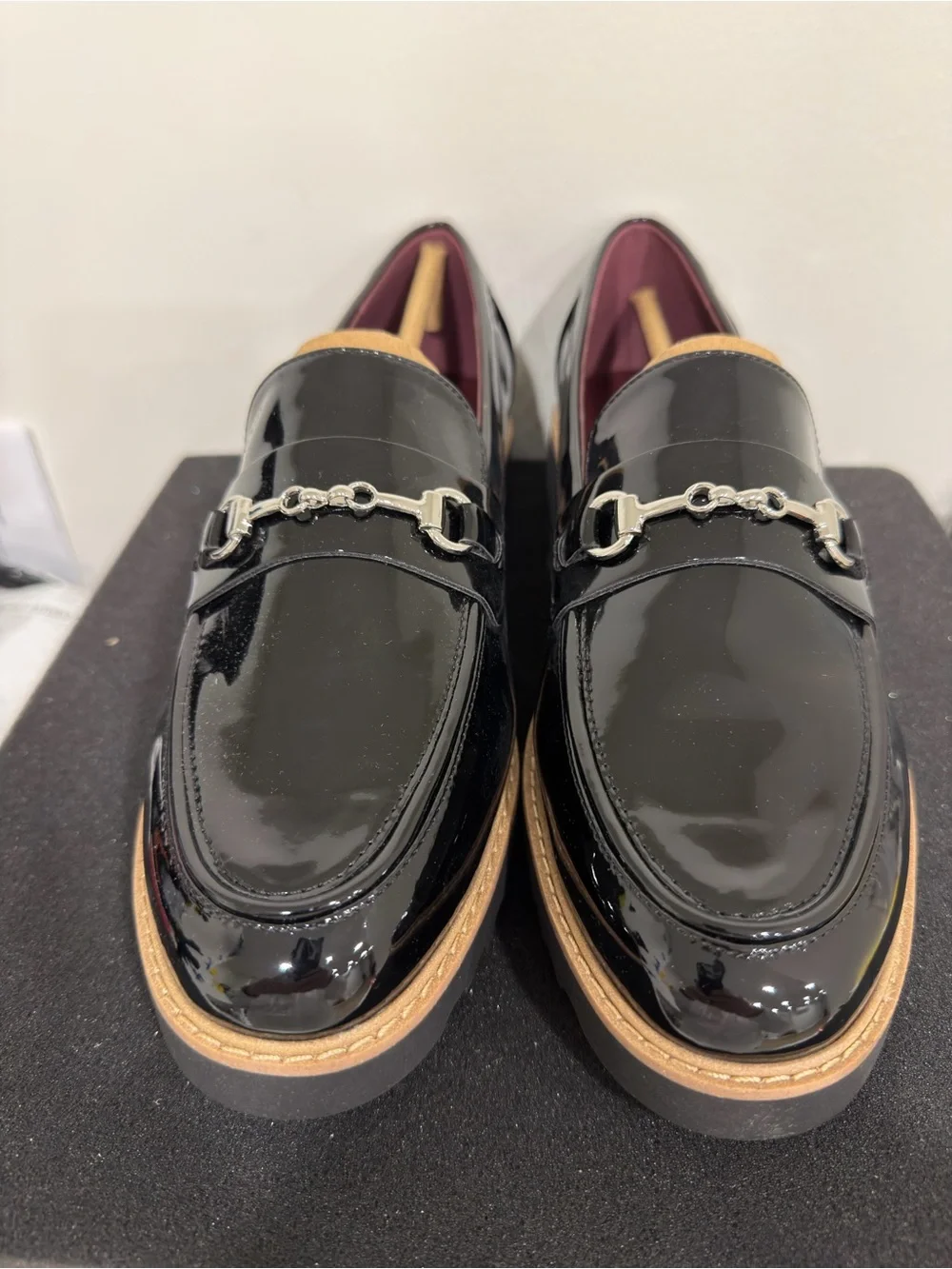 Franco Sarto Black Patent Leather Bit Loafers with Tan Welt With Box